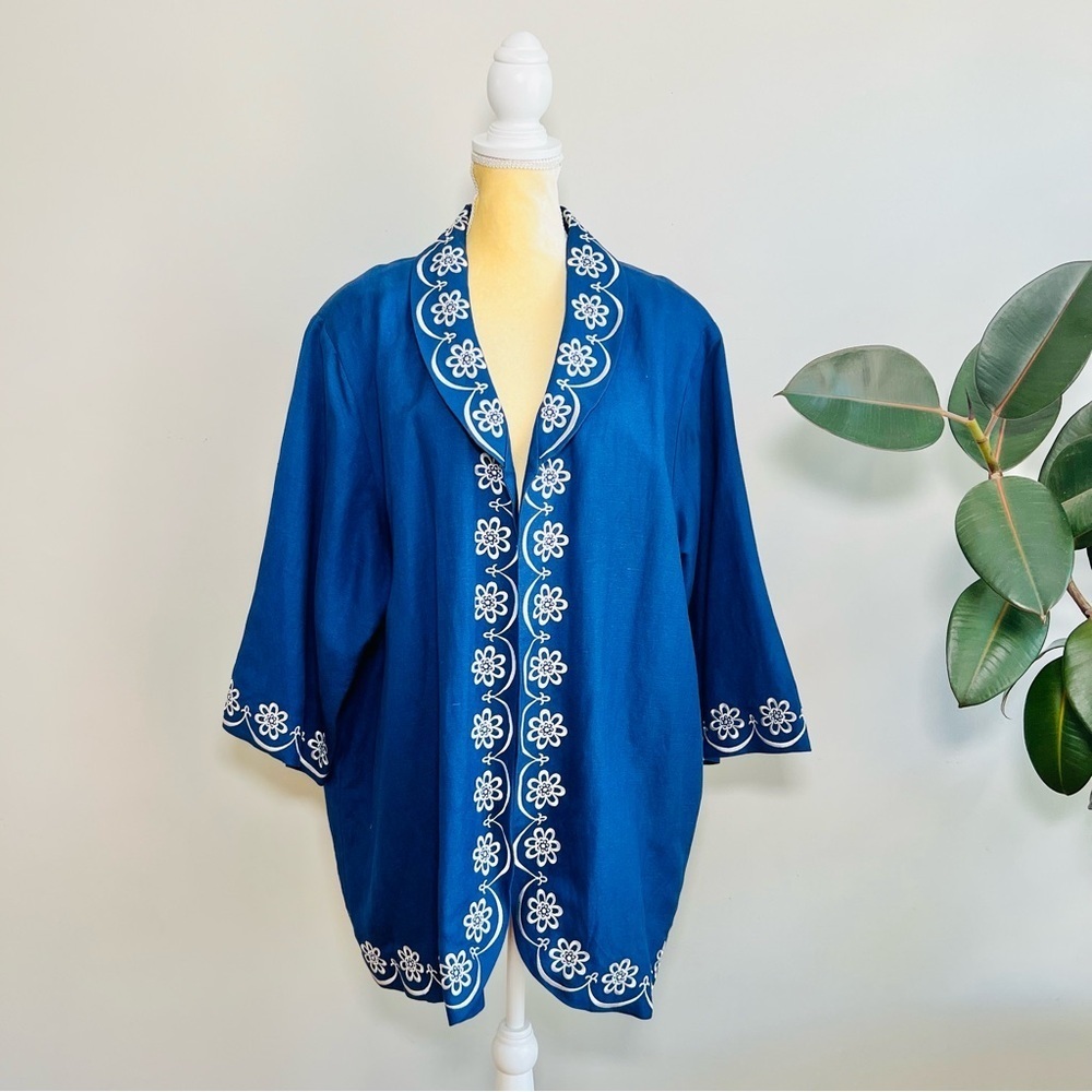 BOB MACKIE Wearable Art Floral Embroidered Artsy Linen Blend Blazer